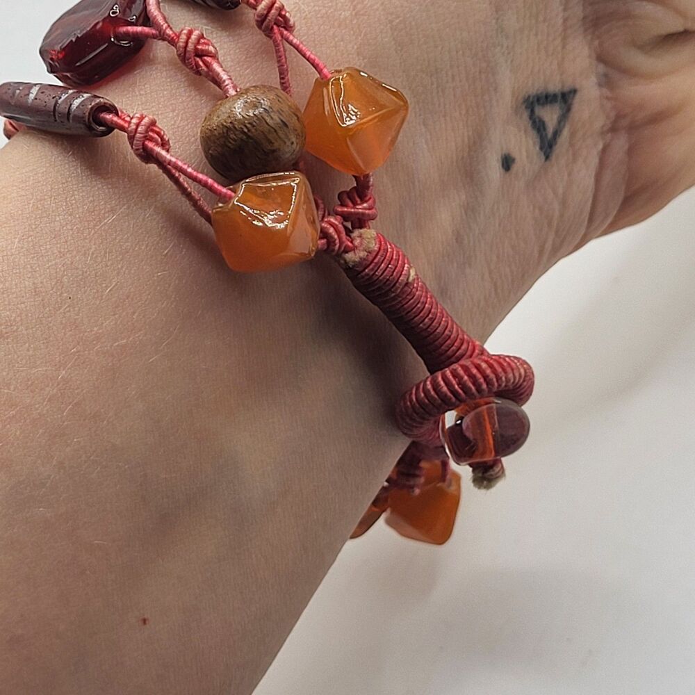 Multi-strand Carnelian Wood Beaded Bracelet Anklet Red cord 9in - Picture 3 of 6